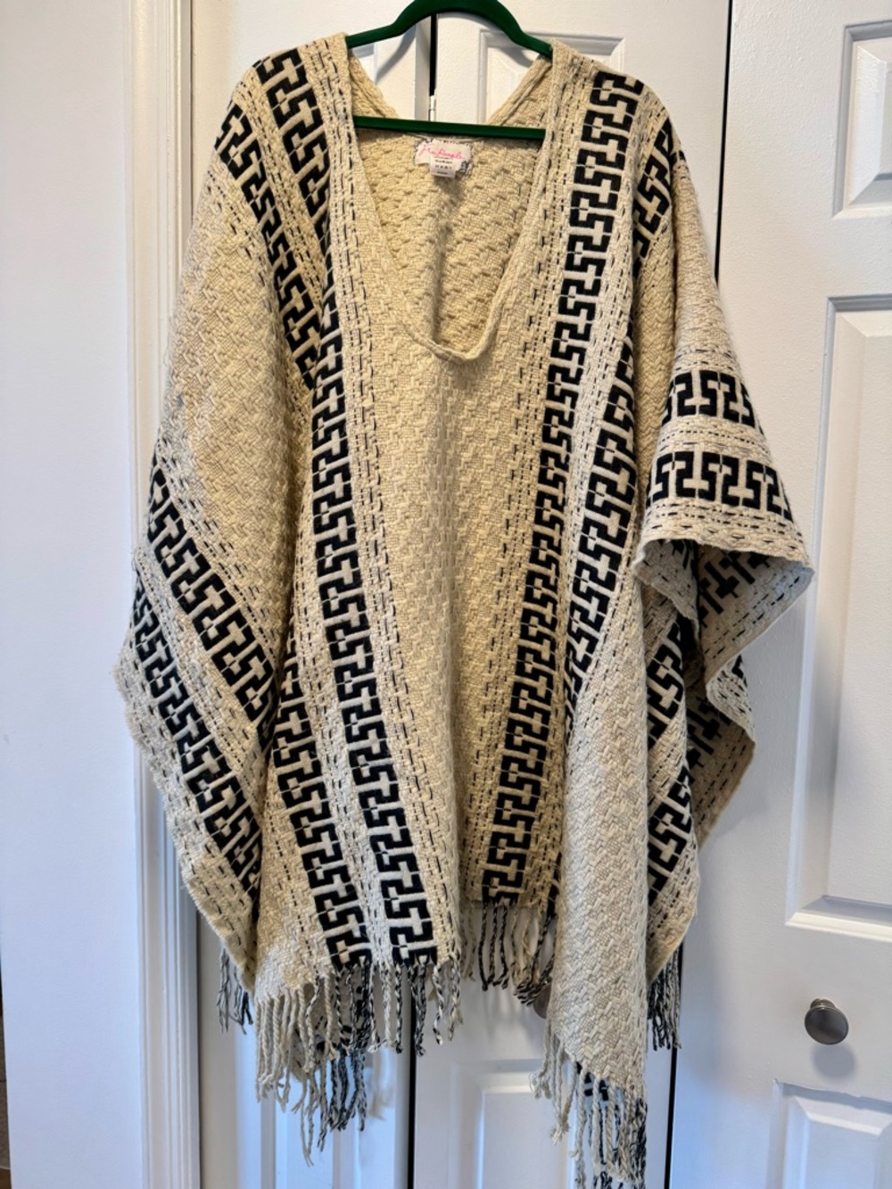 Free People Cream/Beige and Black Loose Fit Knit Fringe Poncho